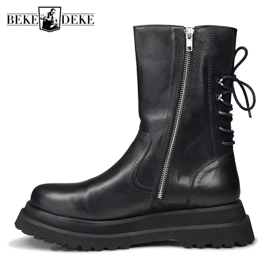 Gothic Mens Thick Platform Mid Calf Boots High Top Lace Up Genuine Leather Motorcycle Boots Zipper Punk Knight Boots Biker Shoes