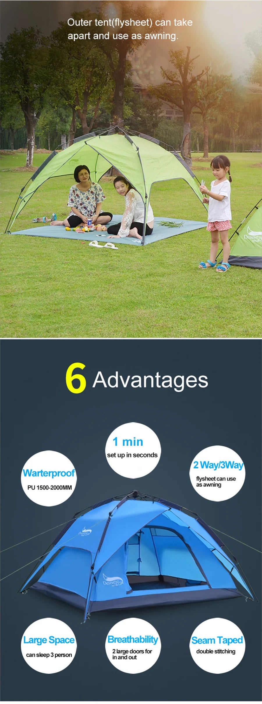 Desert&Fox Camping Tents for 3 Person Instant Pop-Up Automatic Dome Tent with Floor Tarp Quick Setup for Family Beach Hiking