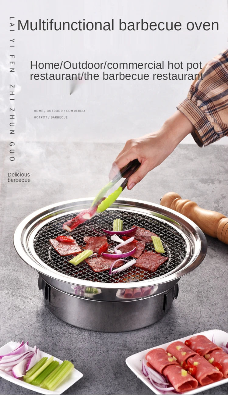 Household Stainless Steel Korean Charcoal Oven Commercial round Non-Stick Barbecue Oven Outdoor Camping Portable Charcoal Stove