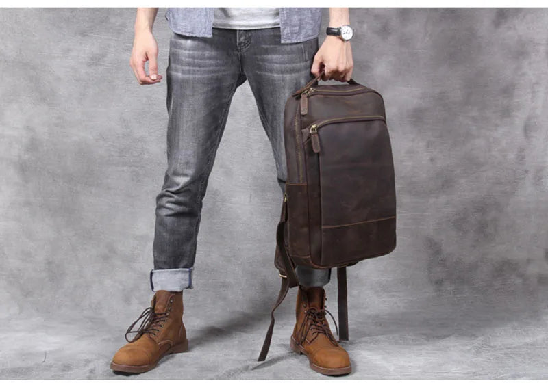 Vintage Crazy Horse Genuine Leather Backpack Men Backpack Laptop Leather Daily Bagpack Male Rucksack Trave Hiking Knapsack Large