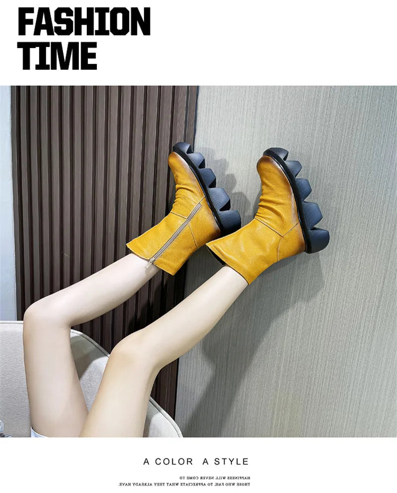 BEYARNE Ankle Boots Women Genuine Cow Leather Platform Bootie Side Zipper Soft Comfortable Autumn Winter Ladies Shoes Handmade