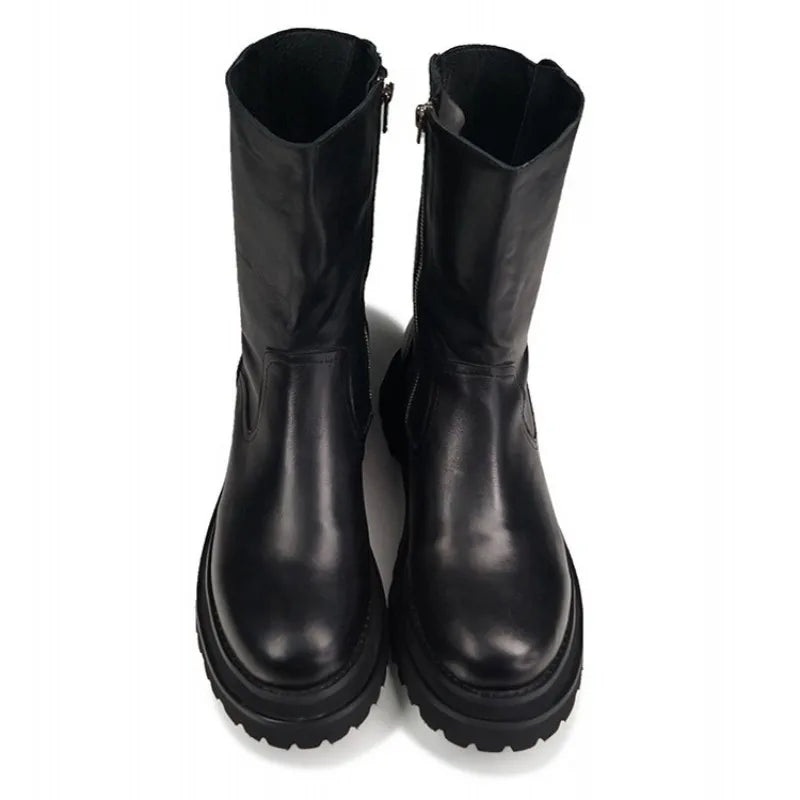 Gothic Mens Thick Platform Mid Calf Boots High Top Lace Up Genuine Leather Motorcycle Boots Zipper Punk Knight Boots Biker Shoes