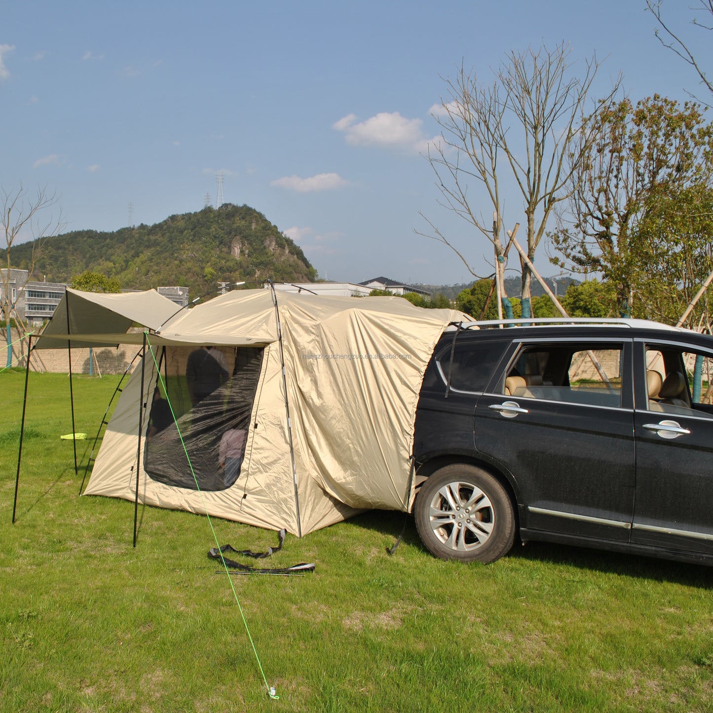 Car Rear Tent with Large Awning, Rear Tailgate Tents with Floor, 4 Person Family Camping, PU4000 Waterproof Fabric