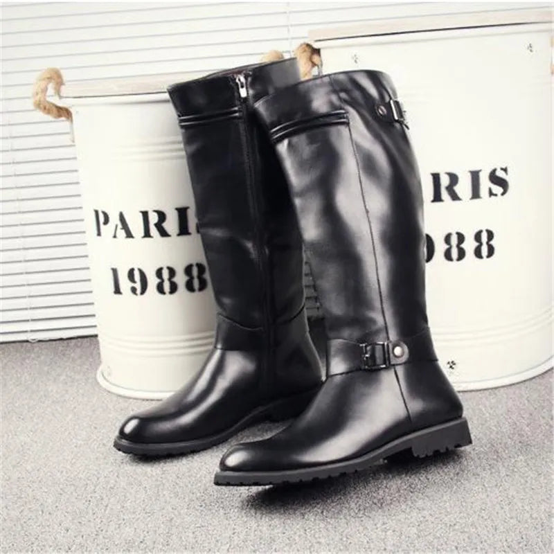 Leather Boots Fur High Top Casual Shoes Men Male Boots over the knee Botas Brand Motorcycle Boots