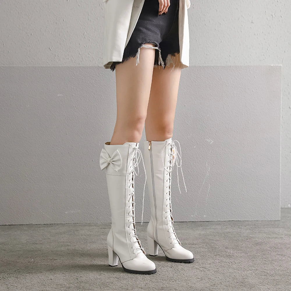Winter Sweet Women Knee High Boots PU Leather Round Toe 7cm High Block Heels Bowtie Lace-up Lolita Lady Zipper Long Riding Boots