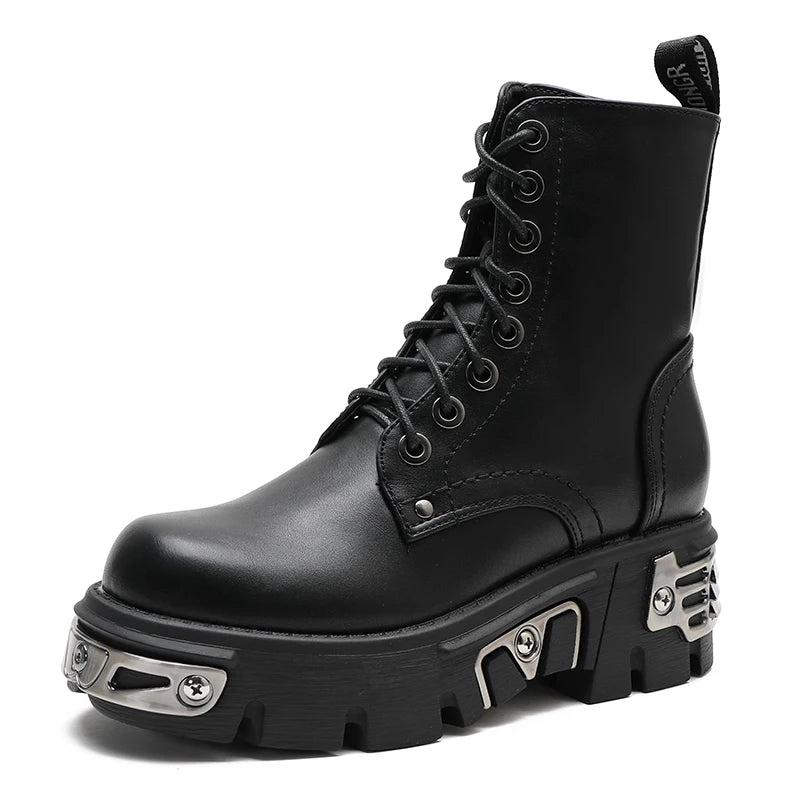 Gdgydh Darkness Punk Style Platform Women Ankle Boots Chunky Heel Black Metal Decor Women's Motorcycle Boots Lace UP Top Quality
