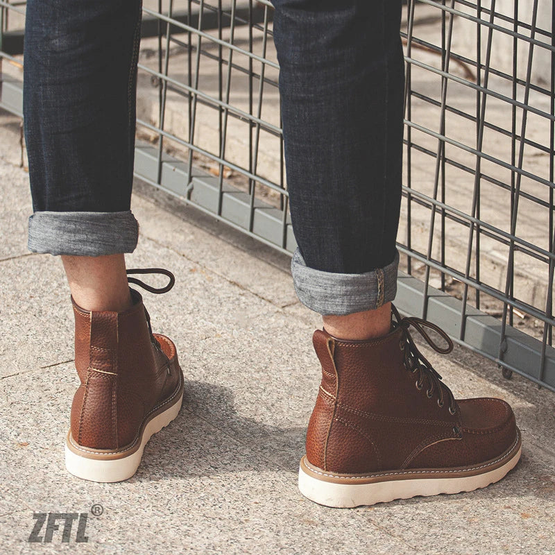 ZFTL Men's Boots Cowhide Thick-soled boots retro British Outdoor Tooling shoes Ankle Boots Male Casual Lace up boots 2025