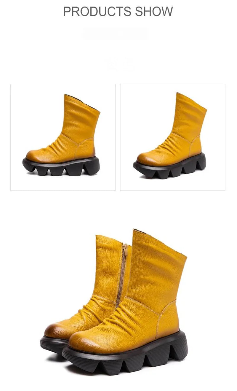 BEYARNE Ankle Boots Women Genuine Cow Leather Platform Bootie Side Zipper Soft Comfortable Autumn Winter Ladies Shoes Handmade