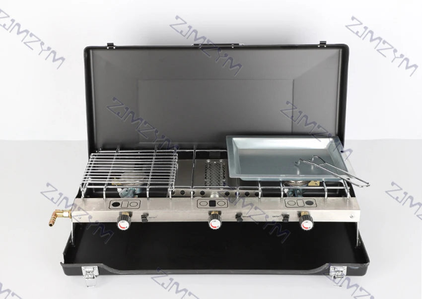 Folding Gas Stove Portable Outdoor Picnic Camping Barbecue Grill BBQ Gas Stove with 3 Adjustable Firepower Ignition Butane Gas