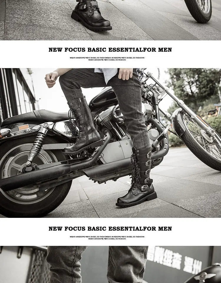 Men's PU Leather Motorcycle Boots High Over the Knee  Boots Gothic Belt Punk Boots Men Shoes Boot