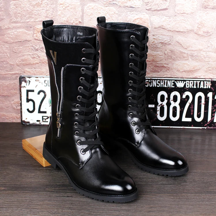 British fashion motorcycle boots for men genuine leather shoes cowboy high boot lace-up long botas masculinas zapatos de hombre