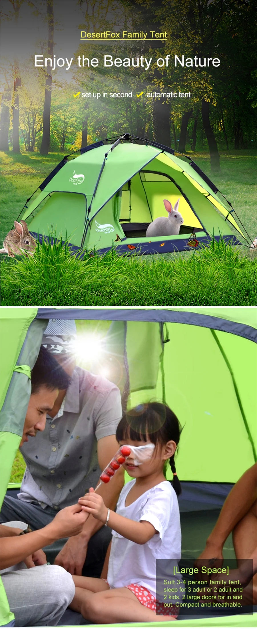 Desert&Fox Camping Tents for 3 Person Instant Pop-Up Automatic Dome Tent with Floor Tarp Quick Setup for Family Beach Hiking