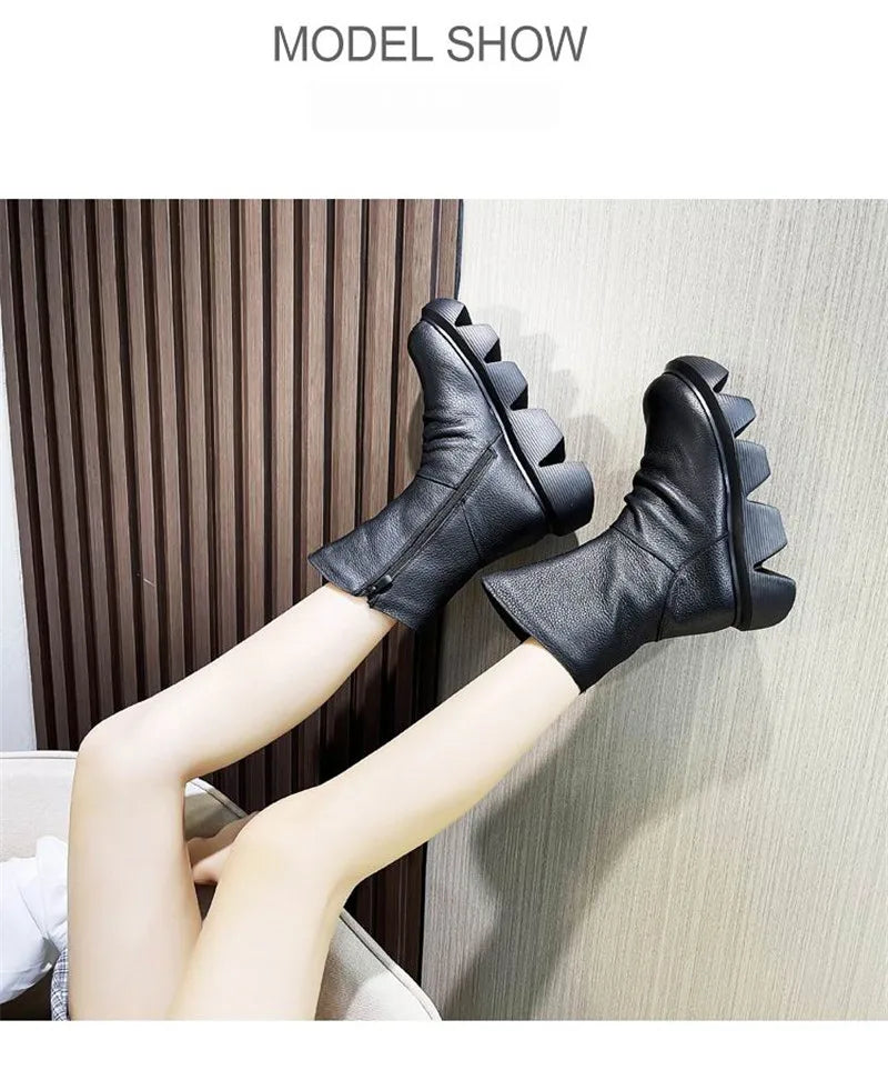 BEYARNE Ankle Boots Women Genuine Cow Leather Platform Bootie Side Zipper Soft Comfortable Autumn Winter Ladies Shoes Handmade