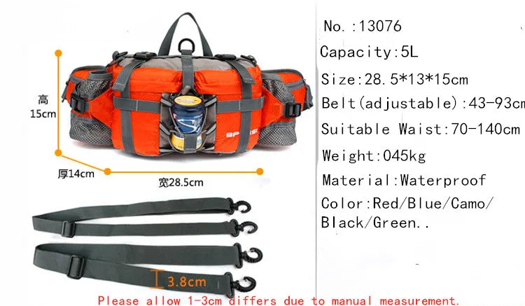 5L Outdoor Sports Waist Bag Men Women Camping Hiking Travel Shoulder Bag Fishing Riding Kettle Backpack Waterproof Rucksack