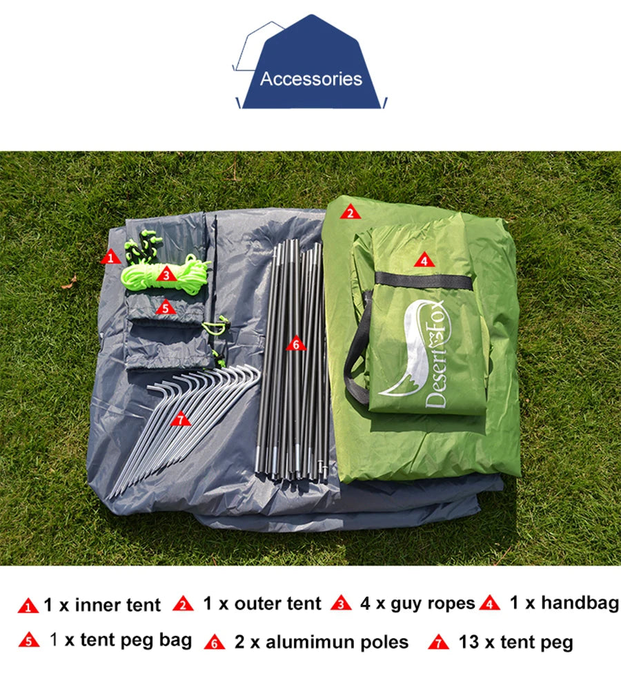 Desert&Fox Backpacking Camping Tent, Lightweight 1-3 Person Tent Double Layer Waterproof Portable Aluminum Poles Travel Tents