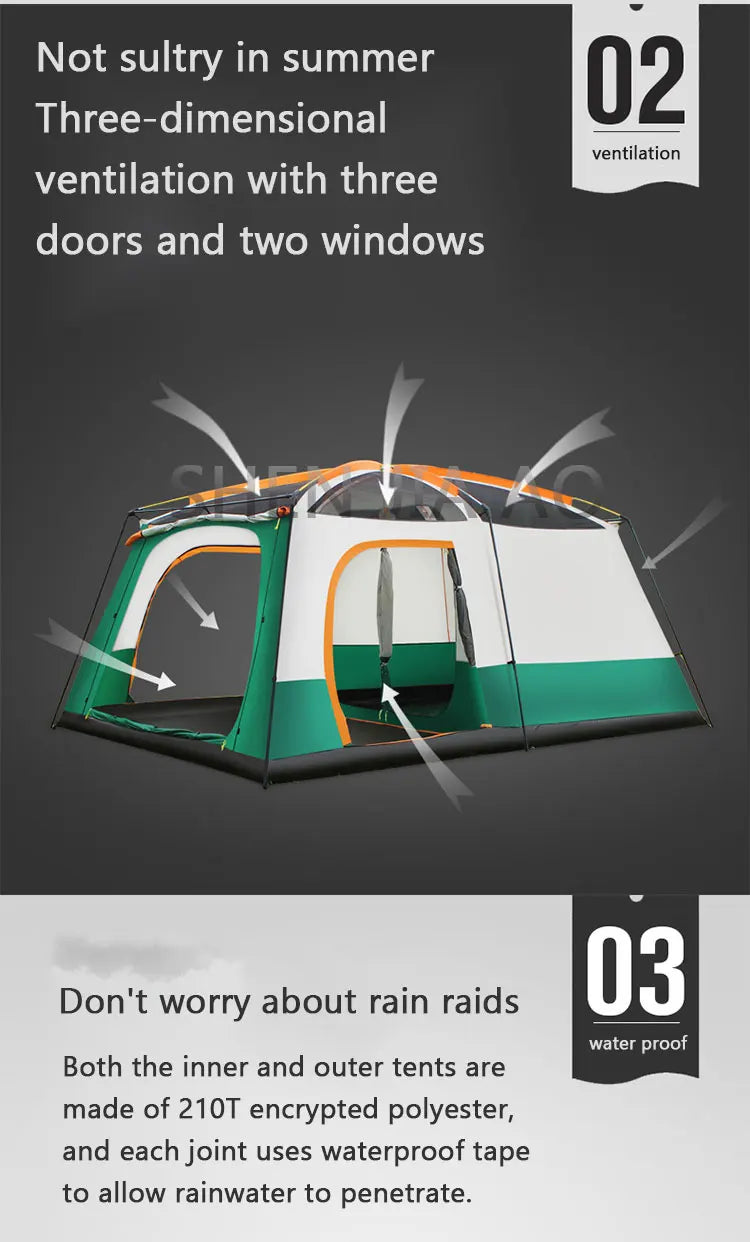 Outdoor Double Deck Two Bedrooms And Four Seasons Camping Waterproof Tent 8-12 People Picnic Large Space Camping Tent