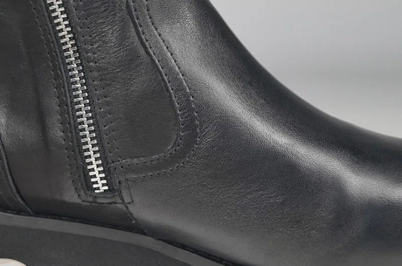 Gothic Mens Thick Platform Mid Calf Boots High Top Lace Up Genuine Leather Motorcycle Boots Zipper Punk Knight Boots Biker Shoes