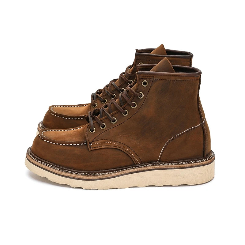 1907 Vintage Unisex Men Shoes Ankle Boots Handmade Autumn Winter Cow Leather Shoes Wings Round Toe Tooling Motorcycle Boots