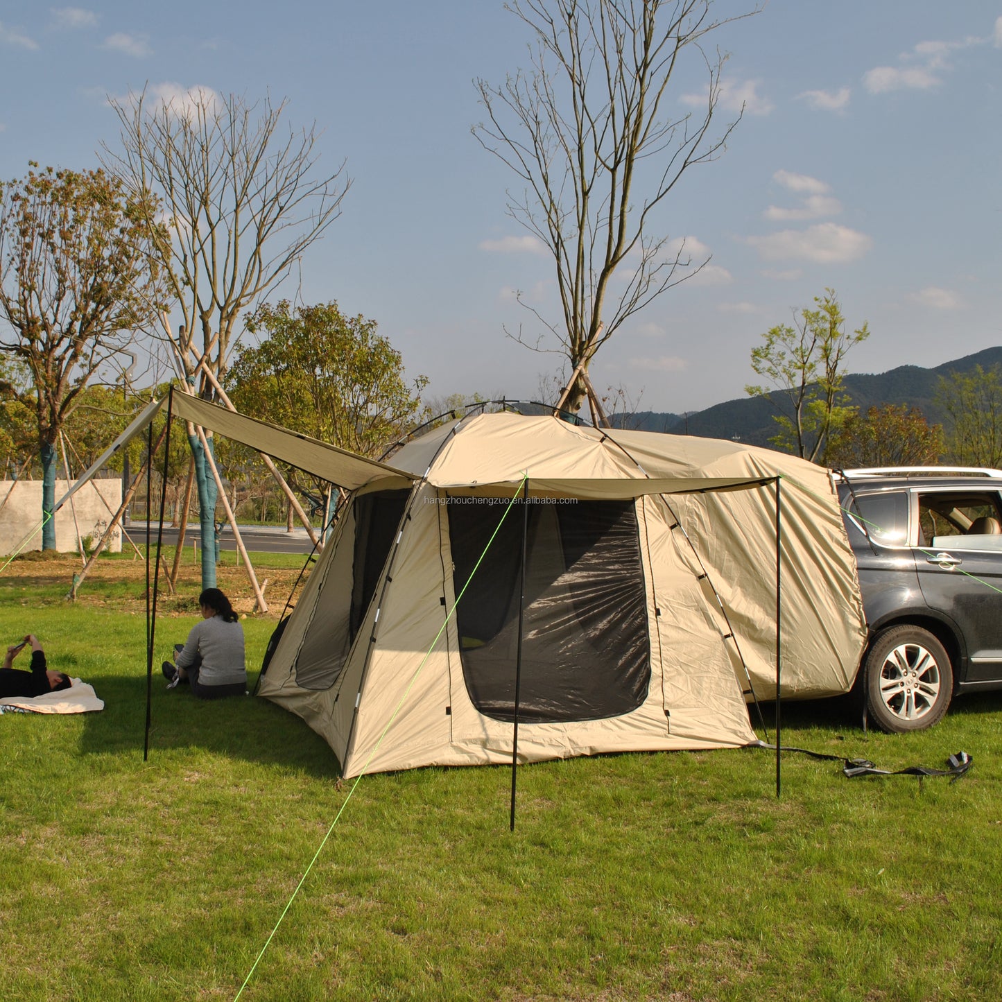 Car Rear Tent with Large Awning, Rear Tailgate Tents with Floor, 4 Person Family Camping, PU4000 Waterproof Fabric