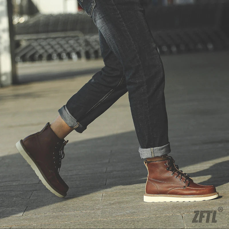 ZFTL Men's Boots Cowhide Thick-soled boots retro British Outdoor Tooling shoes Ankle Boots Male Casual Lace up boots 2025