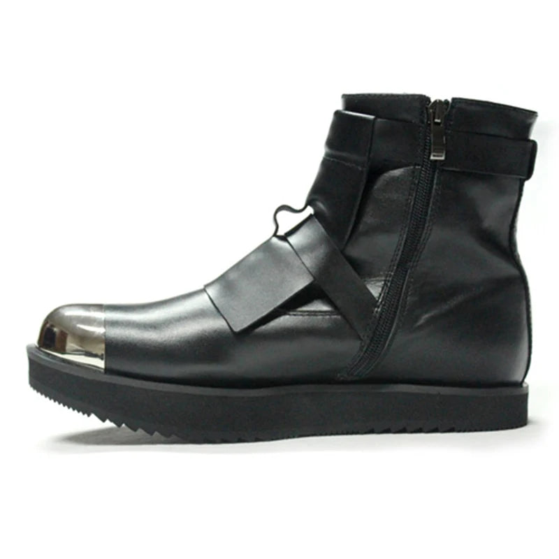 Mens Winter Med Heels Steel Toe Ankle Boots Motor Biker  Shoes Straps Nature Leather Runway Male High Top Platform Shoes