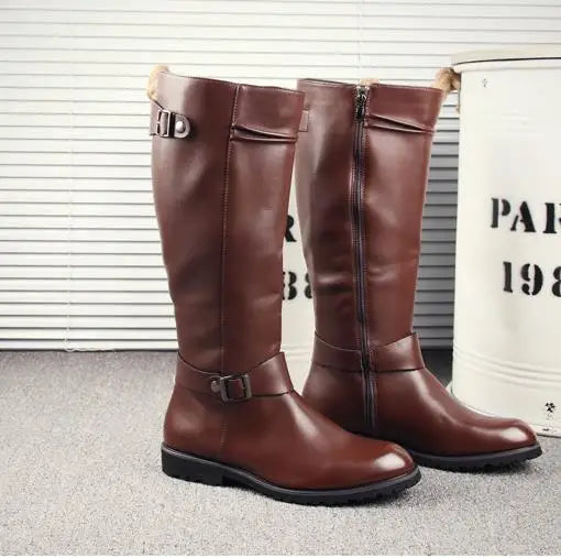 Leather Boots Fur High Top Casual Shoes Men Male Boots over the knee Botas Brand Motorcycle Boots