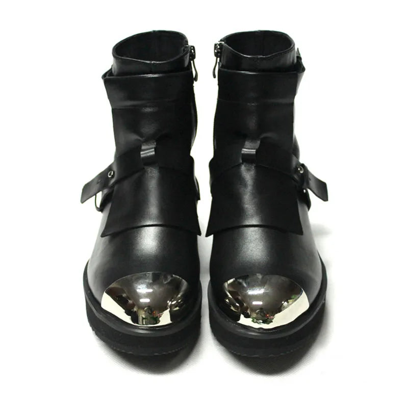 Mens Winter Med Heels Steel Toe Ankle Boots Motor Biker  Shoes Straps Nature Leather Runway Male High Top Platform Shoes