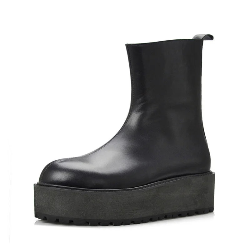 Autumn New Fashion Men Shoes Side Zipper Round Toe For Men Motorcycle Boots Punk Genuine Leather Mid Calf Boots Free Shipping