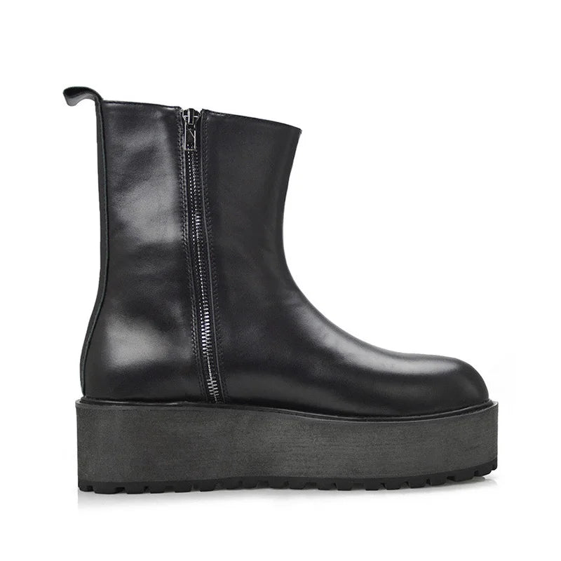 Autumn New Fashion Men Shoes Side Zipper Round Toe For Men Motorcycle Boots Punk Genuine Leather Mid Calf Boots Free Shipping