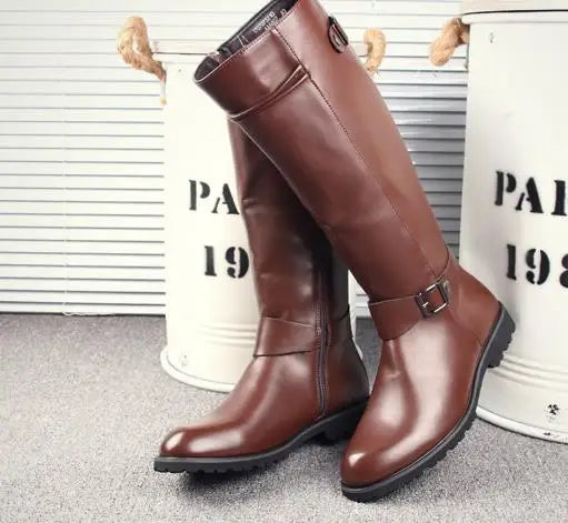 Leather Boots Fur High Top Casual Shoes Men Male Boots over the knee Botas Brand Motorcycle Boots