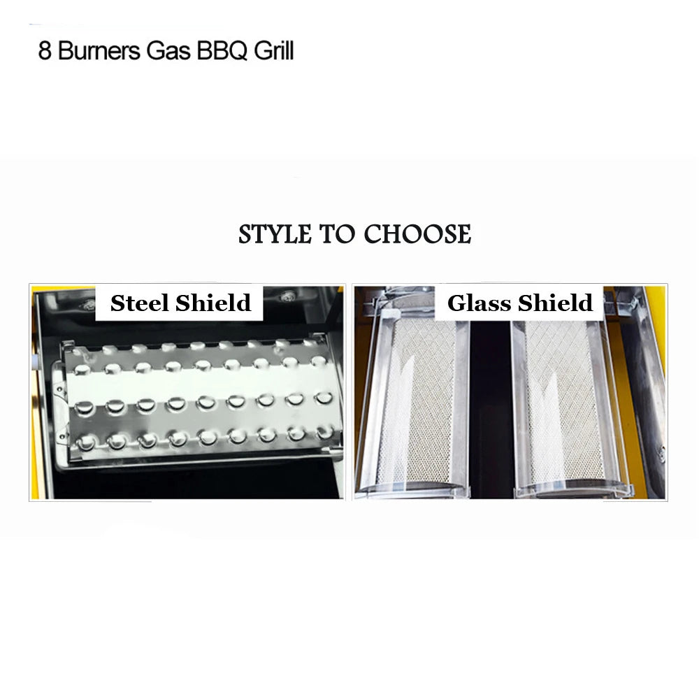 LPG Gas BBQ Grill 8 Burners Stainless Steel Smokeless Infrared Burners Barbecue Stove Outdoor Camping Roaster Kebab Commercial