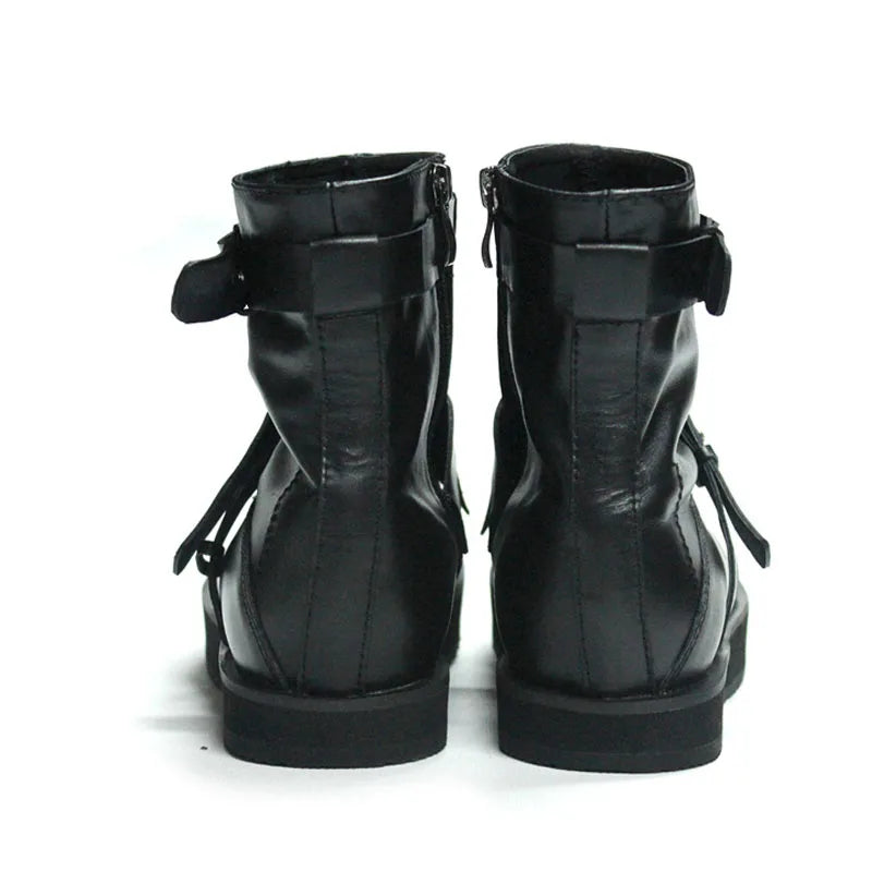 Mens Winter Med Heels Steel Toe Ankle Boots Motor Biker  Shoes Straps Nature Leather Runway Male High Top Platform Shoes