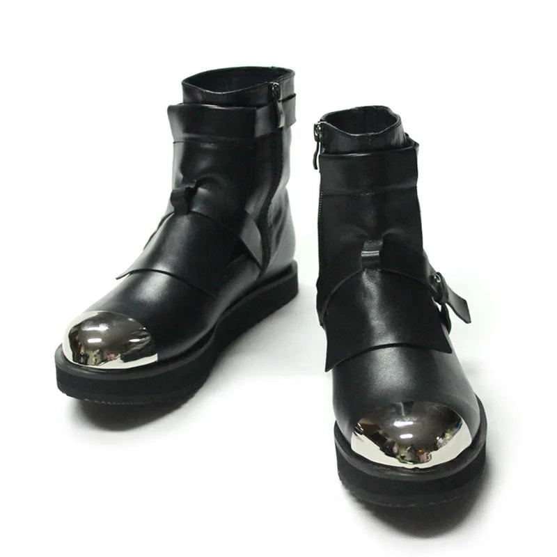 Mens Winter Med Heels Steel Toe Ankle Boots Motor Biker  Shoes Straps Nature Leather Runway Male High Top Platform Shoes