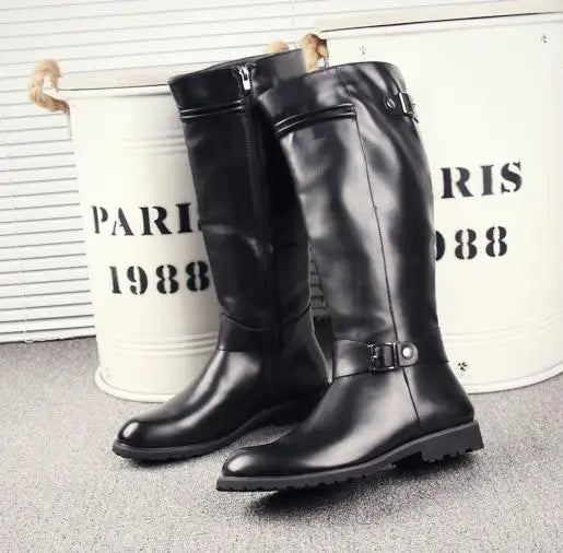 Leather Boots Fur High Top Casual Shoes Men Male Boots over the knee Botas Brand Motorcycle Boots