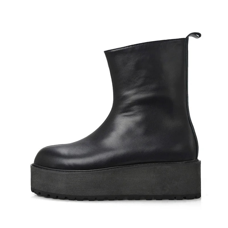 Autumn New Fashion Men Shoes Side Zipper Round Toe For Men Motorcycle Boots Punk Genuine Leather Mid Calf Boots Free Shipping