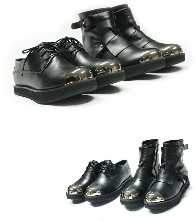 Mens Winter Med Heels Steel Toe Ankle Boots Motor Biker  Shoes Straps Nature Leather Runway Male High Top Platform Shoes