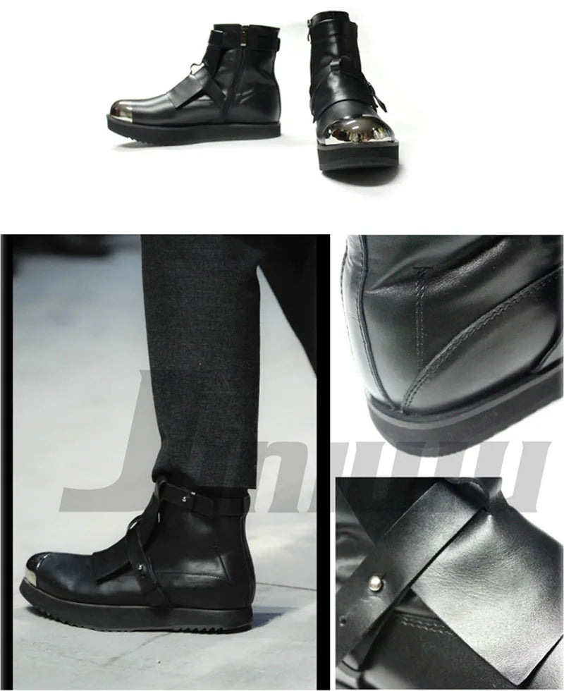 Mens Winter Med Heels Steel Toe Ankle Boots Motor Biker  Shoes Straps Nature Leather Runway Male High Top Platform Shoes