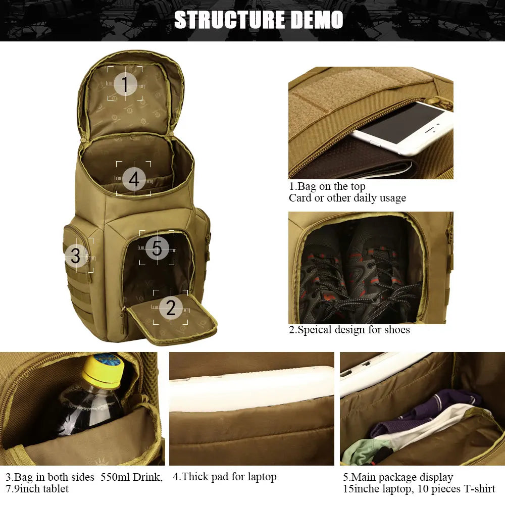 Tactical Backpack for Men and Women, Camouflage Waterproof Molle Assault Pack, Outdoor Hiking, Camping, Hunting, 40L
