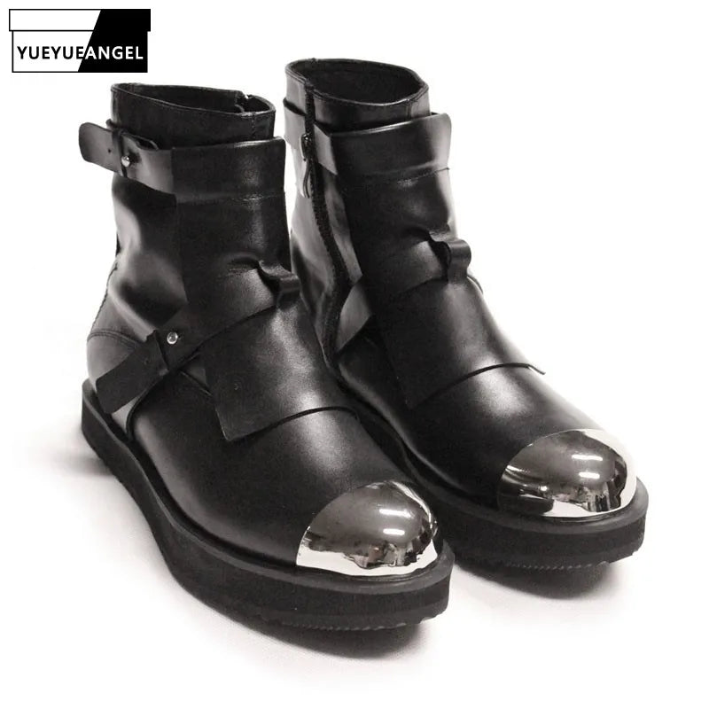 Mens Winter Med Heels Steel Toe Ankle Boots Motor Biker  Shoes Straps Nature Leather Runway Male High Top Platform Shoes