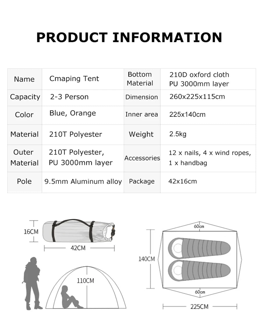 Desert&Fox 2-3 People Camping Tent, Aluminum Poles Outdoor Travel Double Layer Waterproof Windproof Lightweight Backpacking Tent