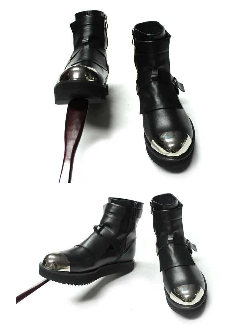 Mens Winter Med Heels Steel Toe Ankle Boots Motor Biker  Shoes Straps Nature Leather Runway Male High Top Platform Shoes