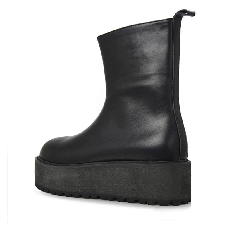 Autumn New Fashion Men Shoes Side Zipper Round Toe For Men Motorcycle Boots Punk Genuine Leather Mid Calf Boots Free Shipping