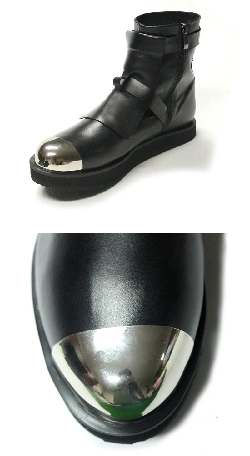 Mens Winter Med Heels Steel Toe Ankle Boots Motor Biker  Shoes Straps Nature Leather Runway Male High Top Platform Shoes