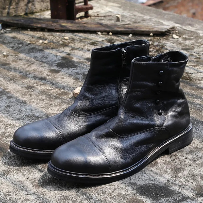 Italy Handmade Office Work Men Genuine Leather Ankle Boots Gothic Rivet Punk Footwear Motorcycle Man High Top Safety Shoes Botas