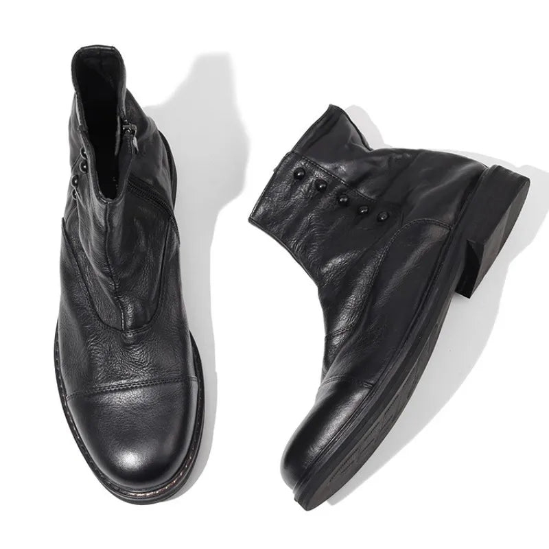 Italy Handmade Office Work Men Genuine Leather Ankle Boots Gothic Rivet Punk Footwear Motorcycle Man High Top Safety Shoes Botas