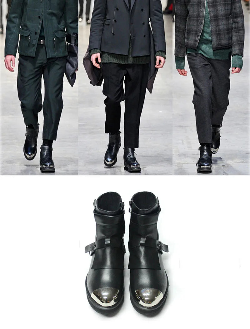 Mens Winter Med Heels Steel Toe Ankle Boots Motor Biker  Shoes Straps Nature Leather Runway Male High Top Platform Shoes