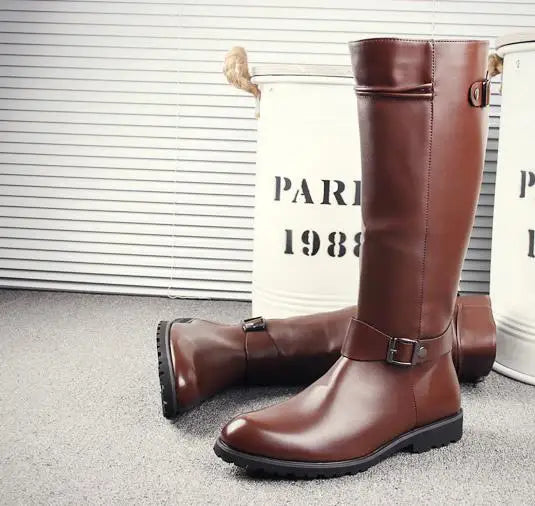 Leather Boots Fur High Top Casual Shoes Men Male Boots over the knee Botas Brand Motorcycle Boots