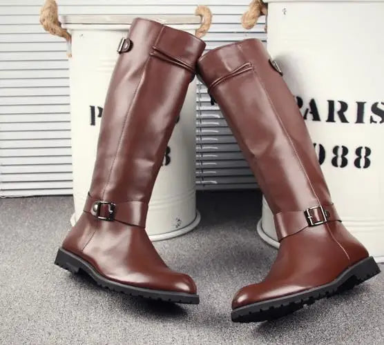 Leather Boots Fur High Top Casual Shoes Men Male Boots over the knee Botas Brand Motorcycle Boots