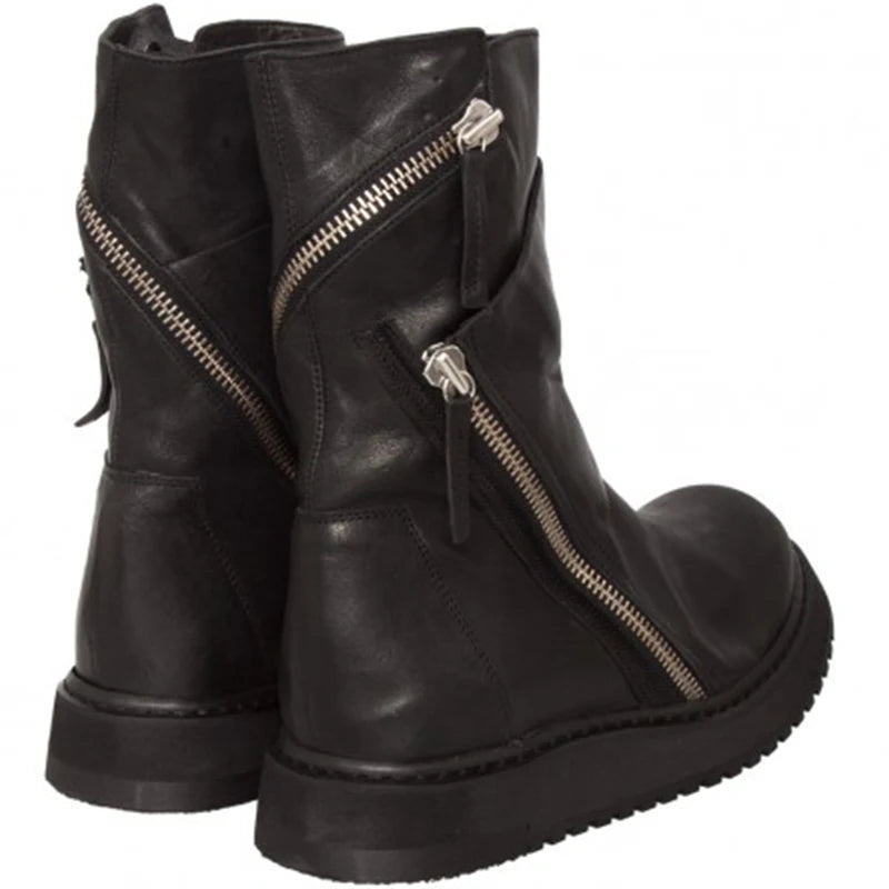 Italian New Designer Men Zipper Punk Genuine Leather Boots Fashion Thick Platform Ankle Botas Motorcycle Biker High Top Shoes