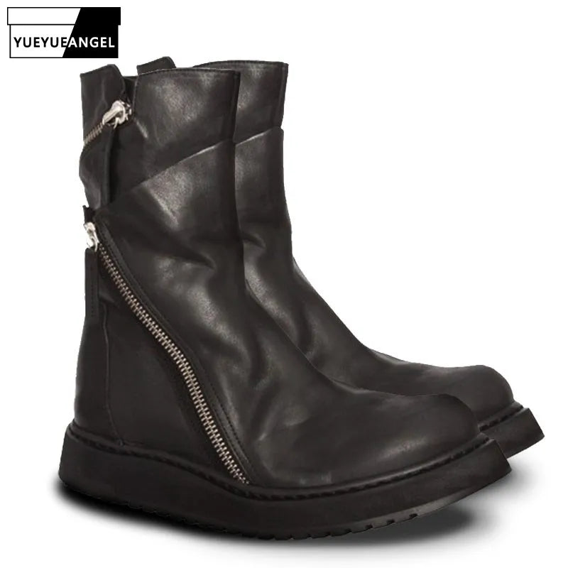Italian New Designer Men Zipper Punk Genuine Leather Boots Fashion Thick Platform Ankle Botas Motorcycle Biker High Top Shoes